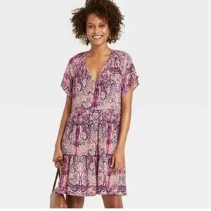 Knox Rose Boho Babydoll Mini Dress – Pink & Purple Paisley – Pockets – Medium